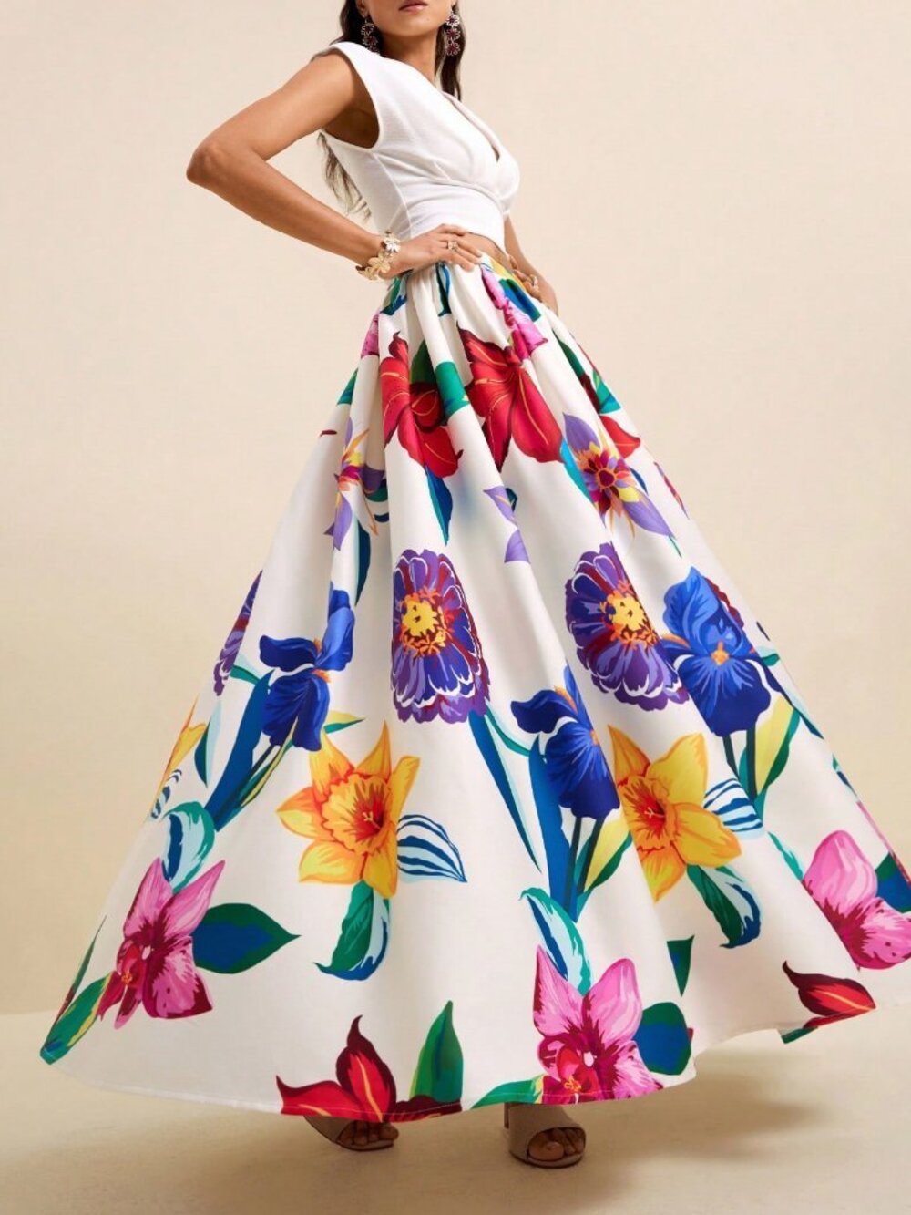 White Boho Women's Large Floral Print Flared Skirt